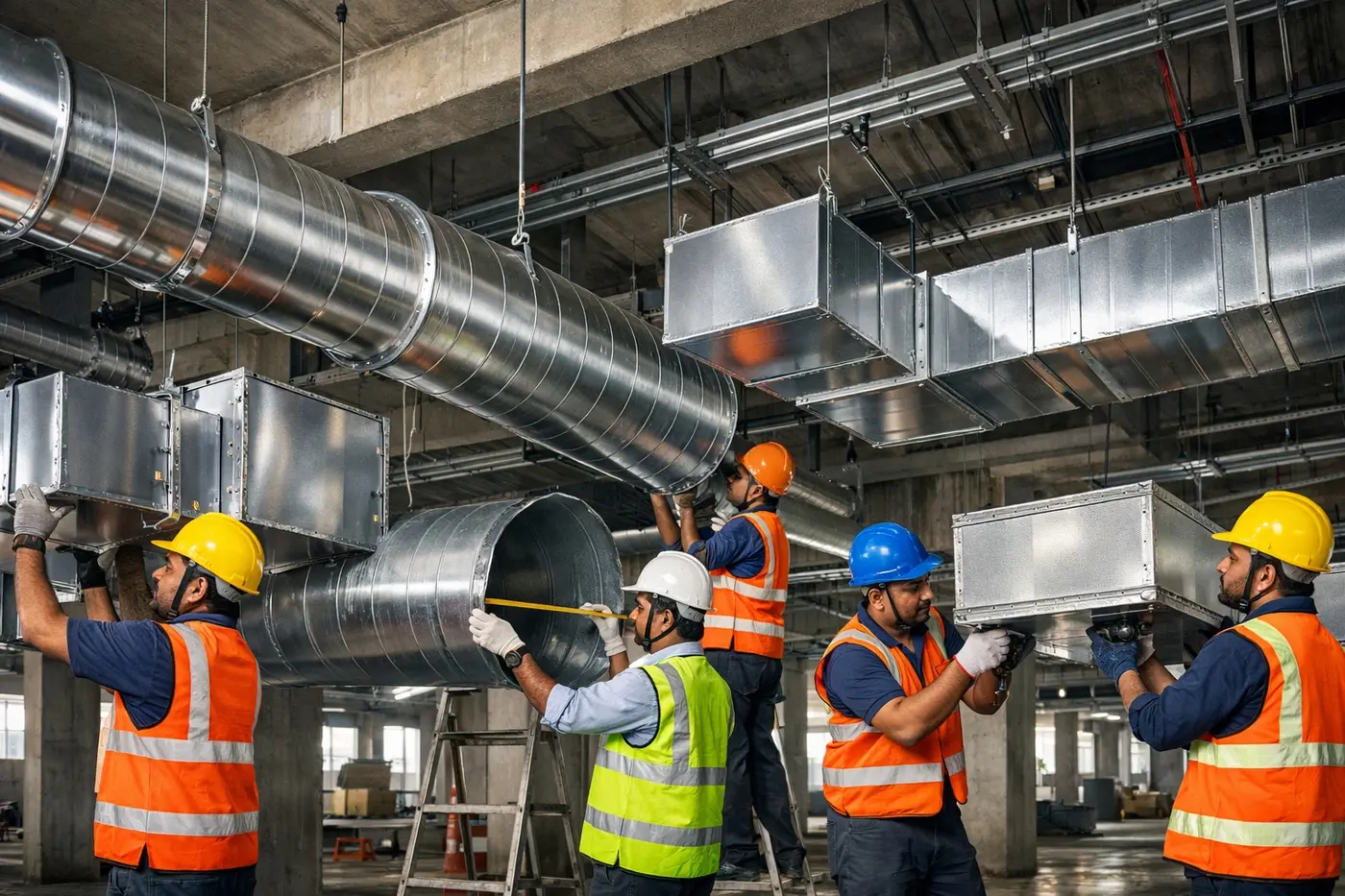 Installation crew fitting Ductoair rectangular and round ducts on site