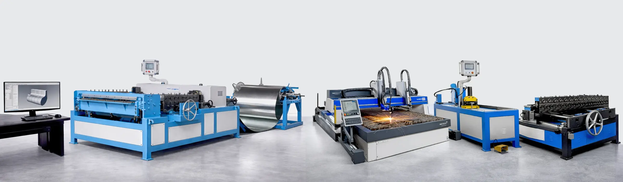 Ductoair machinery: design workstation, auto duct line, CNC plasma cutter, CNC angle punching and duplex TDF flange machine